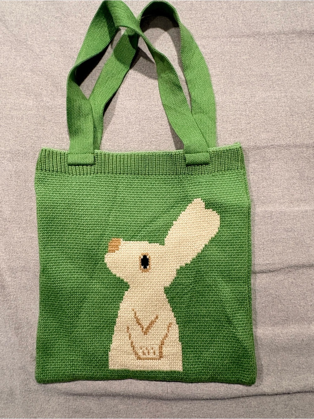 Green Knit Tote Bag with Cream Bunny Motif